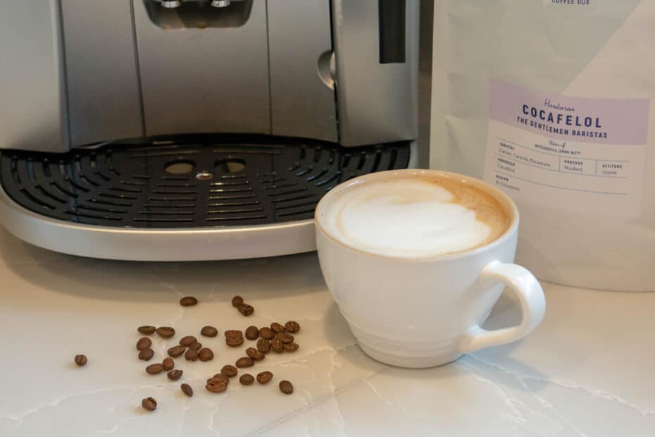 A cup of cappuccino with frothy milk sits on a counter next to scattered coffee beans, a coffee machine, and a bag of Cocafelol coffee beans.